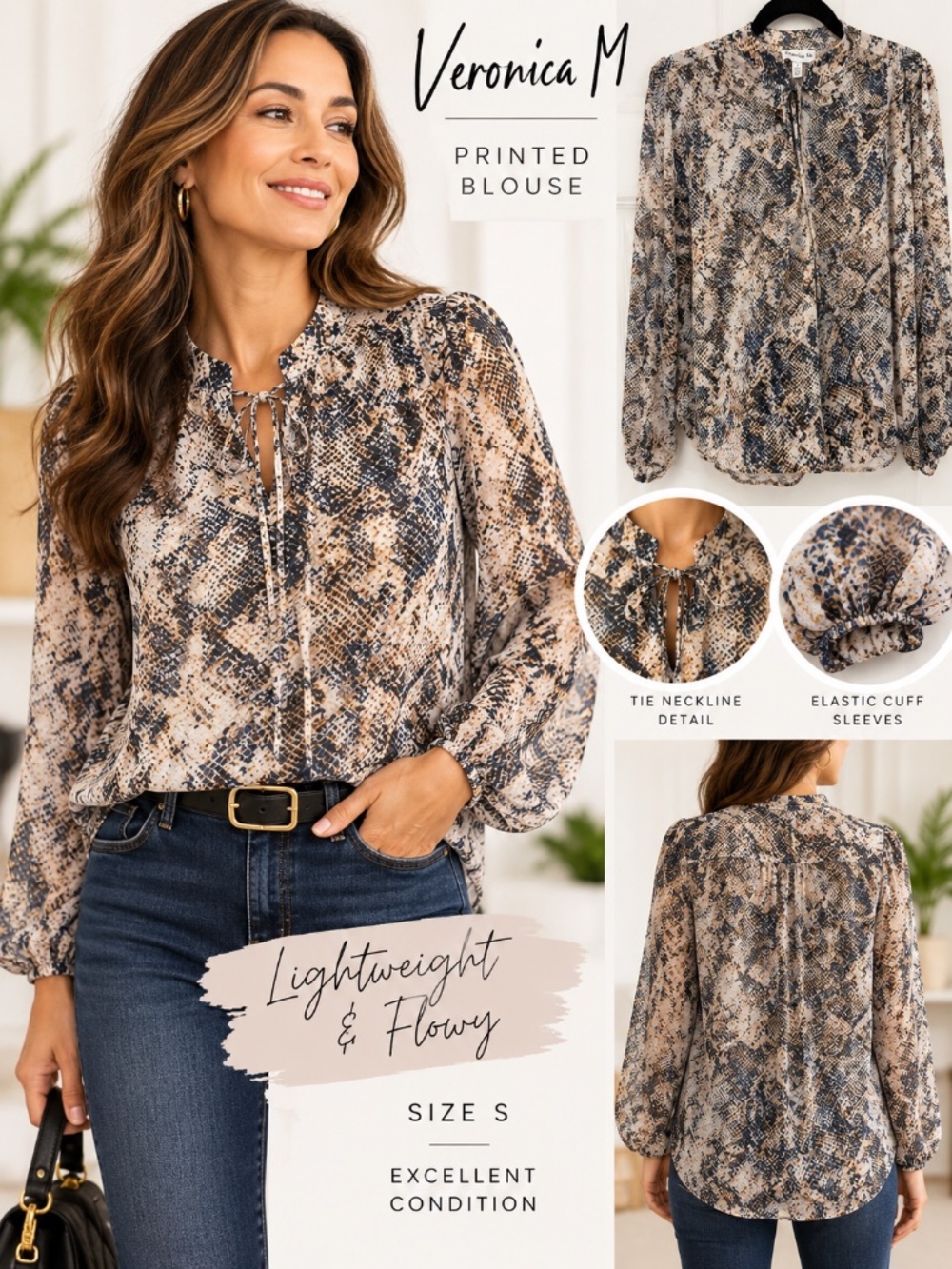 Veronica M Snakeskin Print Self-Tuck Blouse – Size S